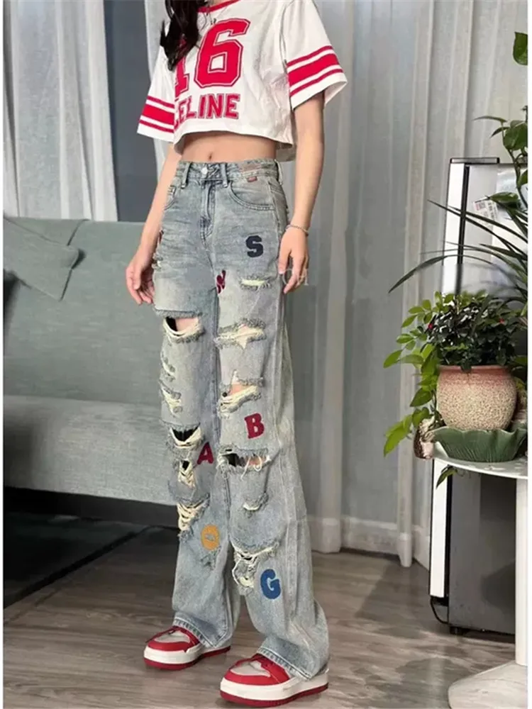 

Heavy Industry Letter Rhinestone Jeans Women's Light Blue Ripped Wide-Leg Pants 2023 Spring and Summer New Distressed Trousers