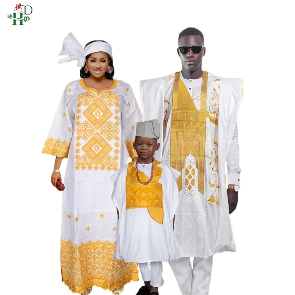 H&D Family Matching African Wedding Outfits For Husband and Wife Bazin Riche Robes Custom Couple Dashiki Set Boy White Dress