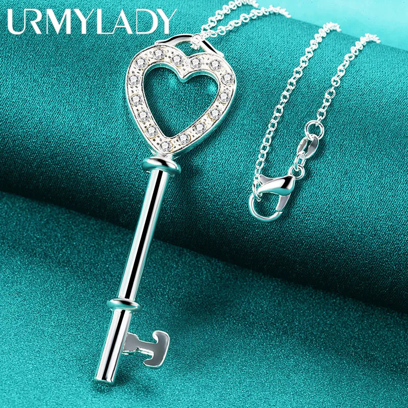 

URMYLADY 925 Sterling Silver Heart Key AAAAA Zircon 16-30 Inch Pendant Necklace For Women Wedding Engagement Charm Jewelry