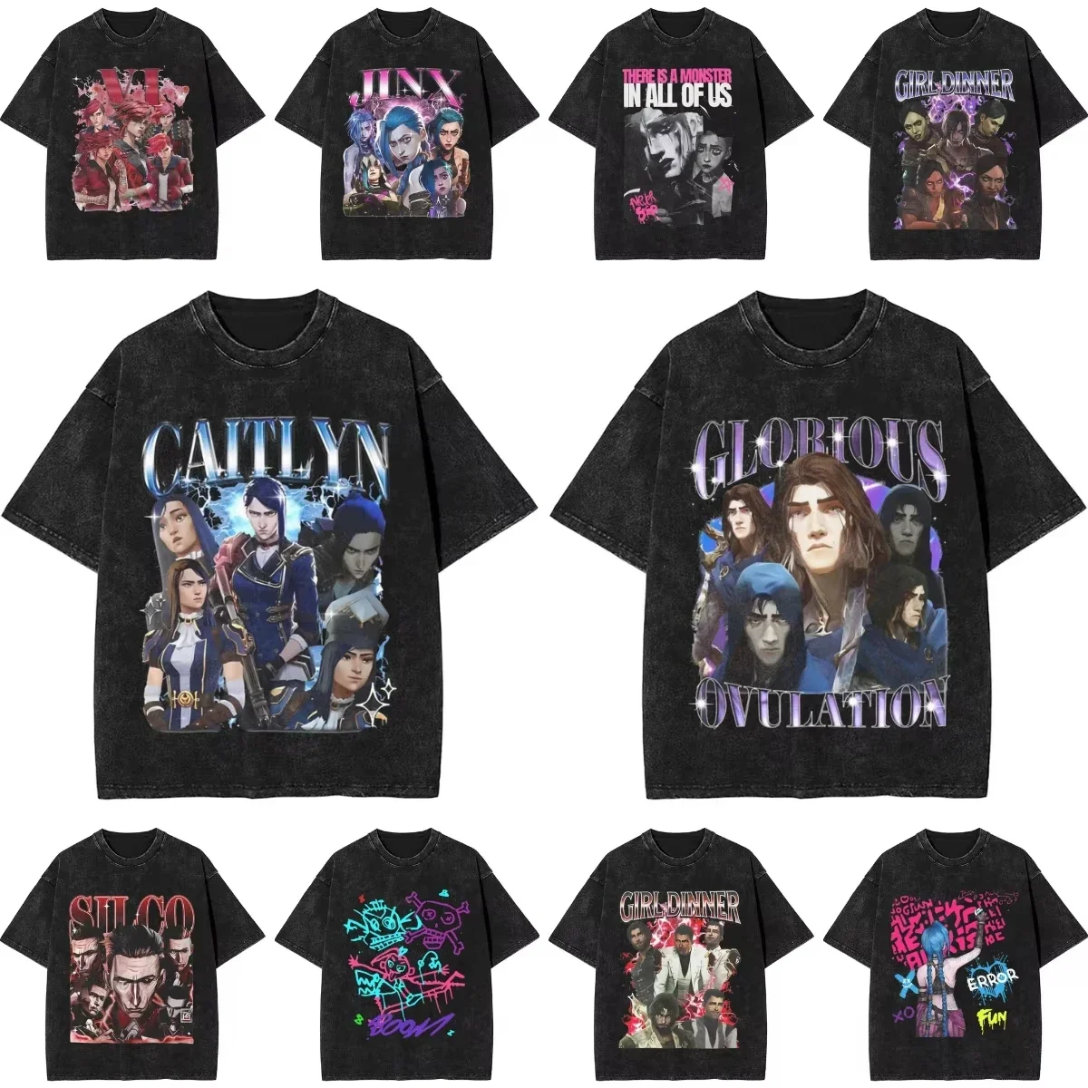 Männer Frauen T Shirt Jayce Caitlyn Viktor Jesus Vi Sevika Arcane Charakter Gewaschen T-Shirt Harajuku Sommer T Klassische Kleidung Top