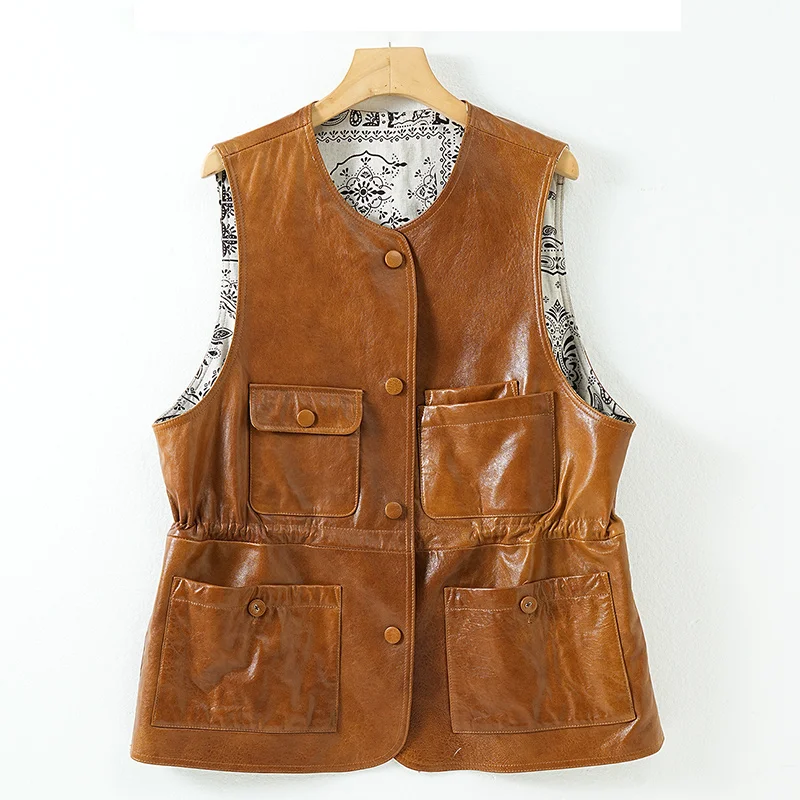 2025 Gilet da donna in pelle di agnello naturale Giacca da donna in vera pelle di pecora genuina girocollo Slim Fit Streetwear