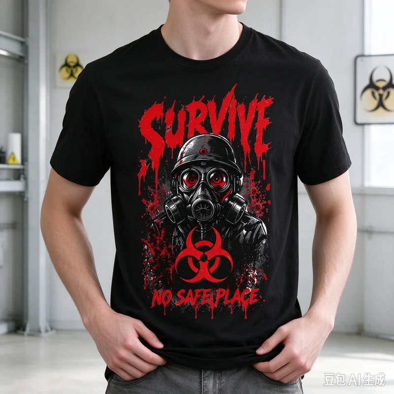 Survive Gas Mask Biohazard T-Shirt Zombie Apocalypse Horror Graphic Dark Grunge Streetwear Casual Top Cool Survival Gift Y2k Top