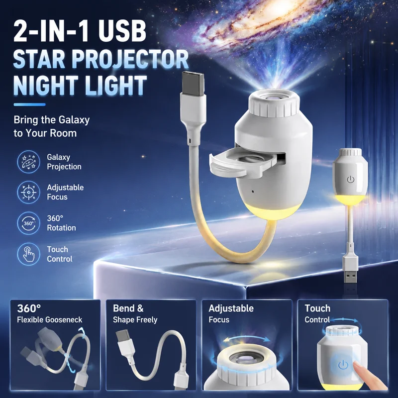 2‑in‑1 USB Star Sky Projector Night Light Ambient Lamp Adjustable Brightness 360° Bendable Zoomable Projection For Bedroom Home