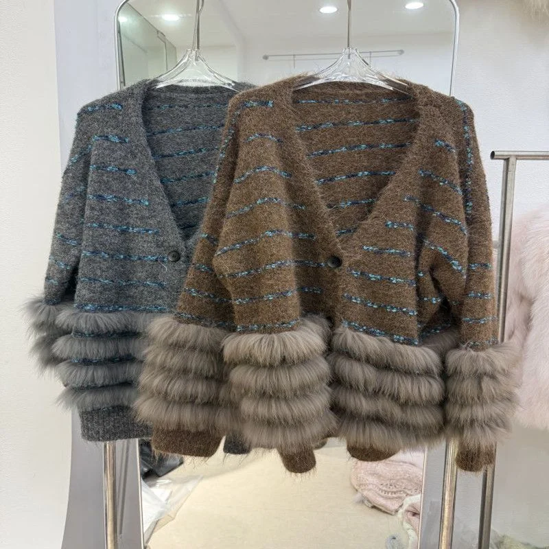 

2025 Autumn and Winter New V-neck Imitation Mink Jacket for Women's Mid-length Knitted Cardigan Car Terms Make You Look Slim