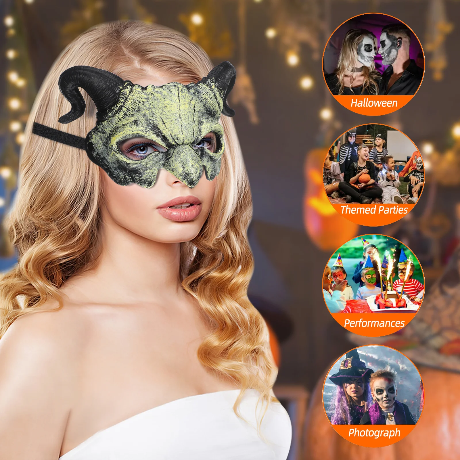 Maschera mezza faccia in corno da diavolo Spaventoso costume da festa di Halloween Cosplay Maschera fantasma Novità Carnevale Prop Beige Gioco di ruolo