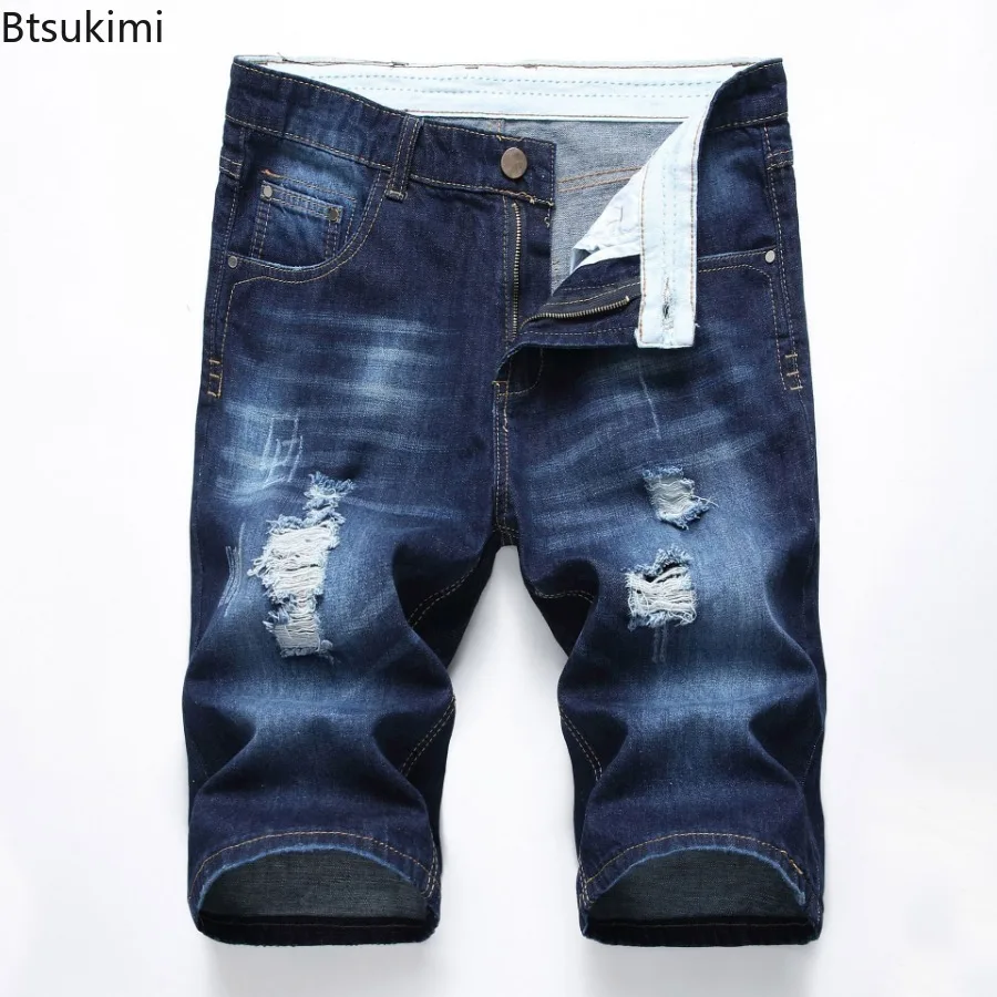 2024 Men's Denim Shorts Summer New Style Elastic Slim Fit Short Jeans Fashion Holes Casual Cotton Cowboy Short Trousers for Male