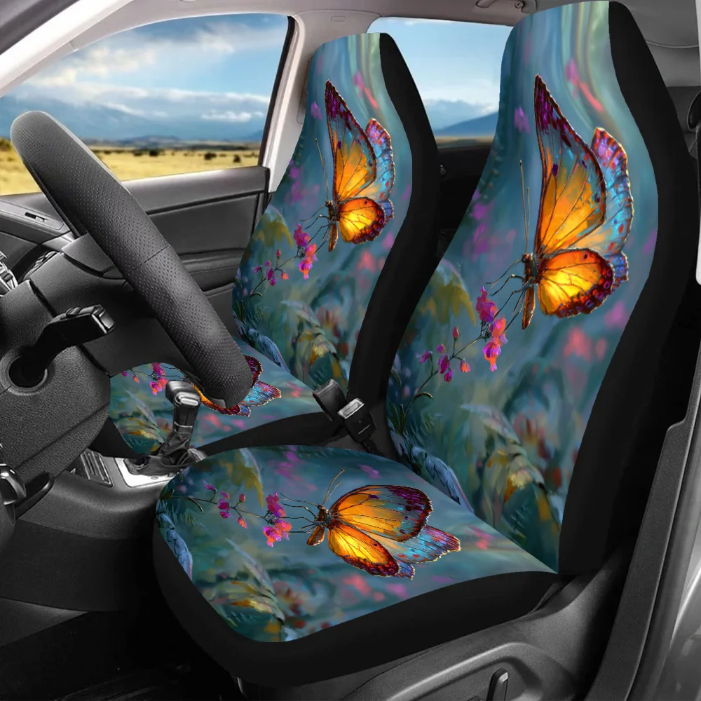

2pcs Butterfly Blossom Glow Car Seat Covers - Vibrant Floral & Butterfly Print, Durable Polyester, Fit For Cars, SUVs, Sedans, E
