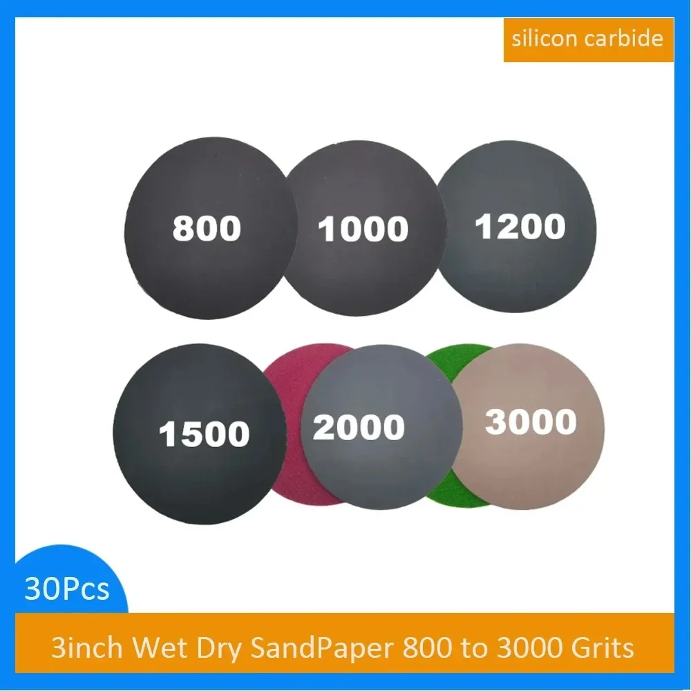 30PCS 3 Inch Wet & Dry Hook and Loop Waterproof Sandpaper Kit Silicon Carbide 800 - 3000 Grits for Sanding Grinding Automotive