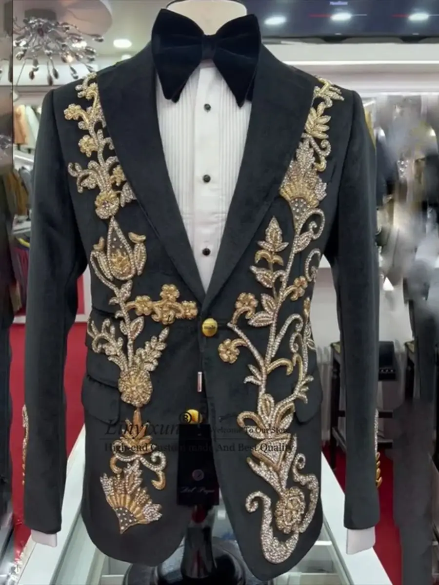 

Luxury Embroidered Stone Men Suits 2 Pieces Sets Male Dinner Prom Blazers Luxury Jacquard Groom Tuxedos Customized Ropa Hombre