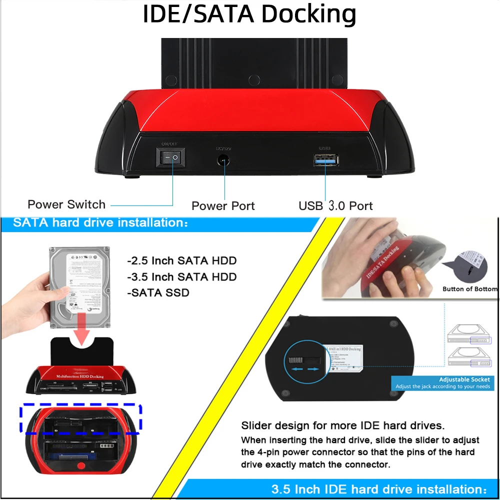All IN 1 Dual-bay Hard Drive Station USB3.0 2.0 5Gbps HDD SSD Docking with 12V Power Adapter for 2.5/3.5 Inch HDD/SSD TF Card