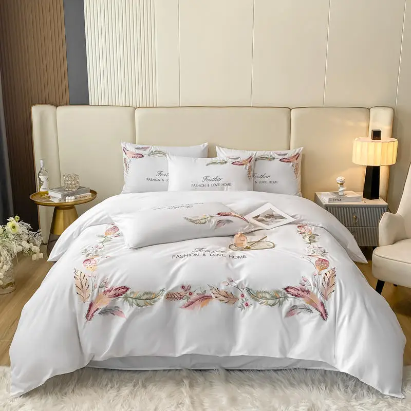 

White Feather Embroidered Bedding Set Luxury 4pcs Solid Color 100%Cotton Duvet Cover Bed Sheet Pillow Shams Queen King Size