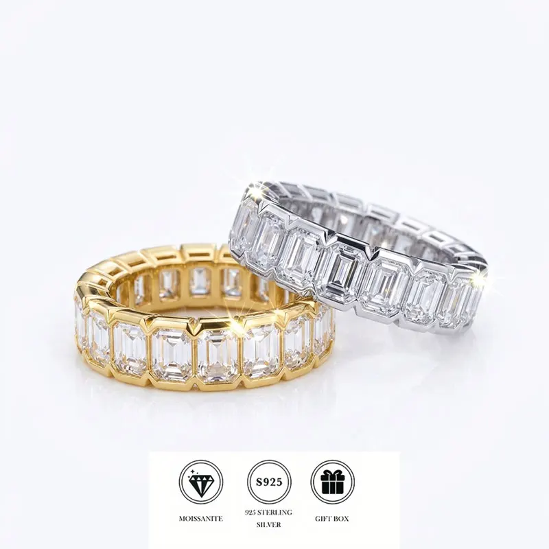 

GRA VVS Emerald Cut Moissanite Full Eternity Band Ring S925 Sterling Silver 3*5mm 6.2mm Wide Wedding Band Unisex Fine Jewelry Wh