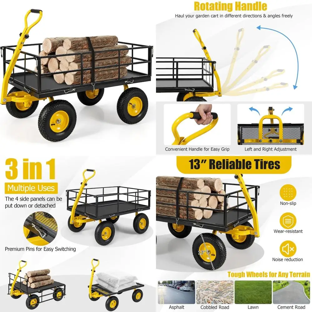 

Heavy-Duty Utility Garden Cart with 1200 lbs Capacity, Rotating Handle, Removable Sides, and 13 Wheels