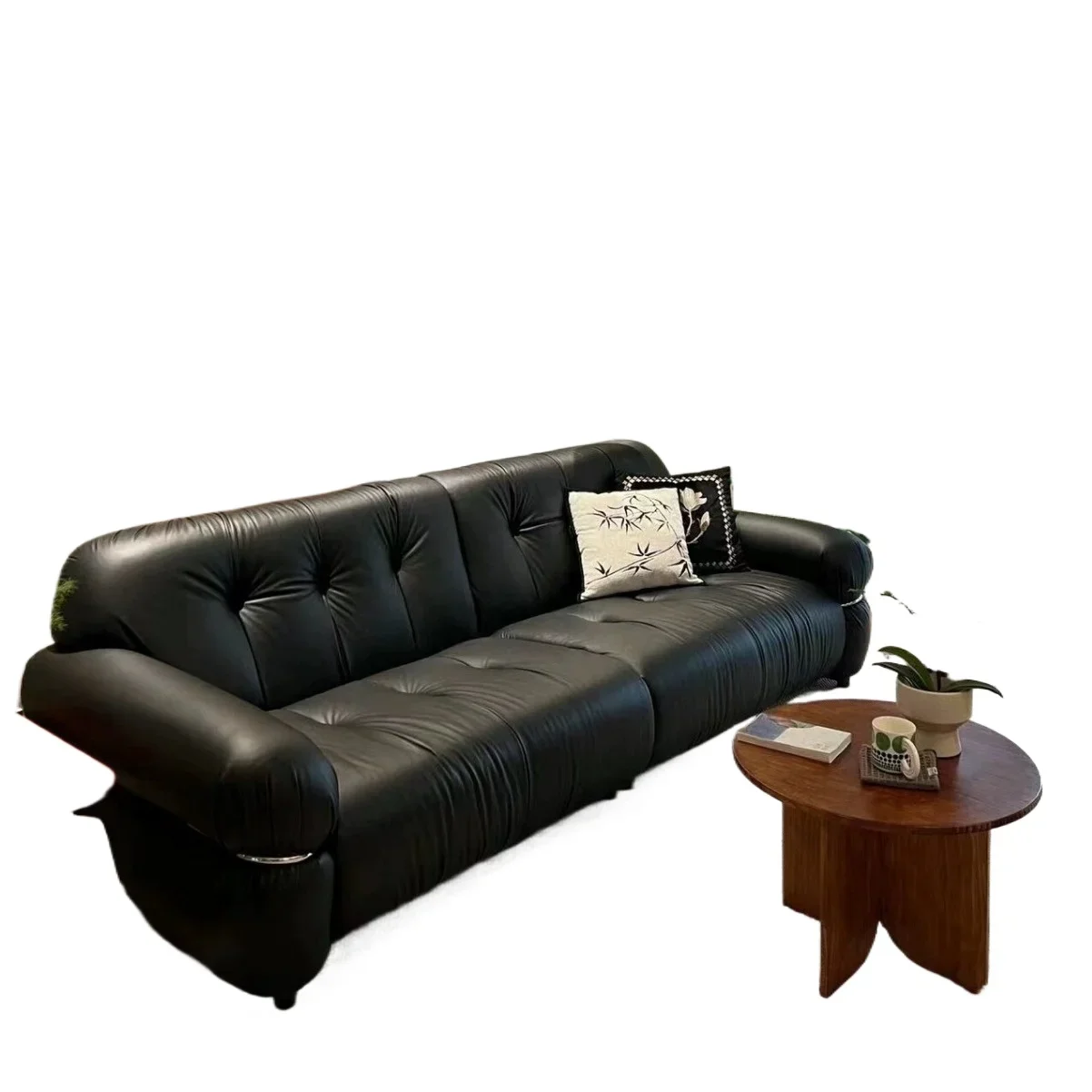 

Leather sofa black simple leather art Internet celebrity small apartment bed and breakfast living room straight row American