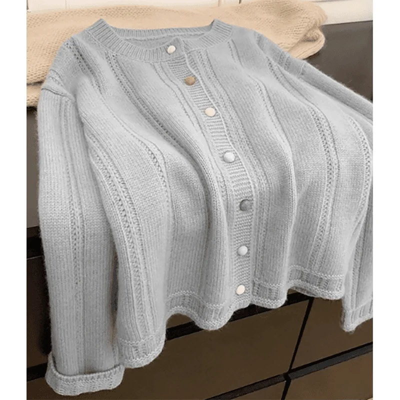 

Autumn Winter Women's Fashion Knitted Single Button Open Cardigan Loose Long Sleeve round Neck Outerwear Korean Style Casual