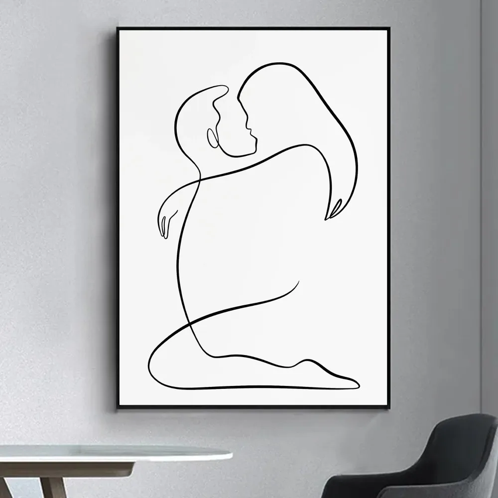 Line Art Hug Kiss Love Poster Fancy Poster Wall Sticker for Living Room Bar Vintage Decorative Painting Middle