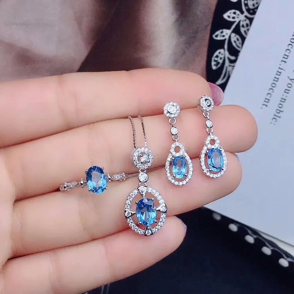 Natural Topaz Suit 925 Sterling Silver Ring Ear Nail Necklace Blue Gemstone Sales with Free Shipping Clearance Sale