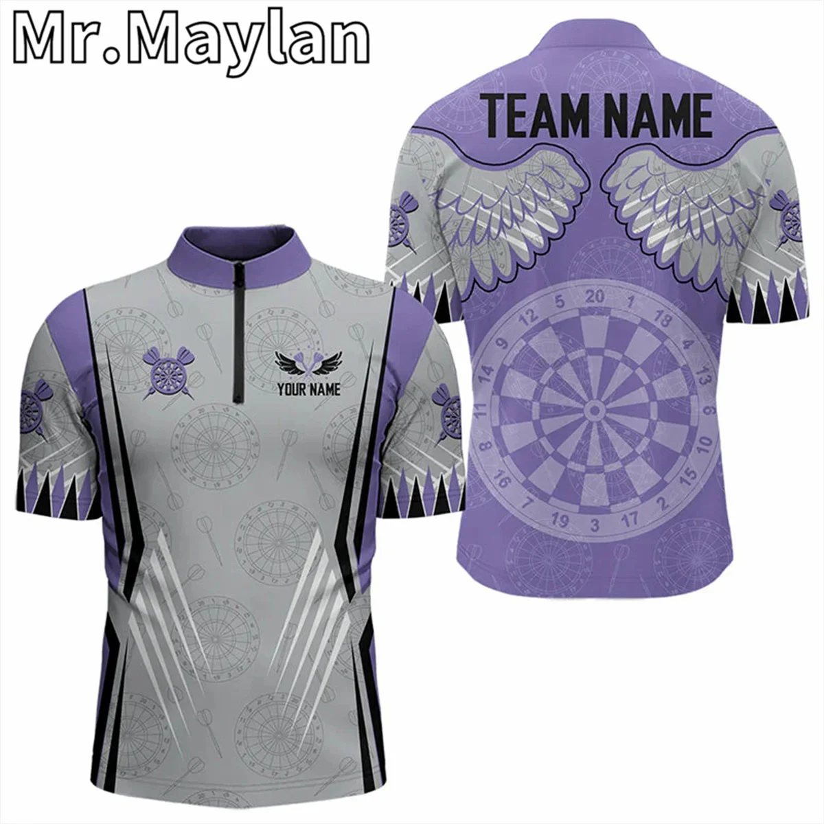 

Mens 3D Purple Dart Board Wings Camo Custom Name Team Dart Polo Quarter Zip Shirt For Men Dart Jersey Gift For Darts Players
