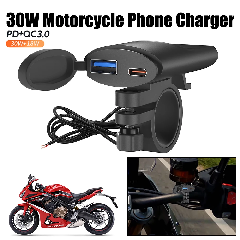 

Moto Phone Charger 12V-24V Fast Charger Motorcycle USB Charger IP67 Waterproof 3.4A 30W QC3.0 Handlebar Mounting Bracket