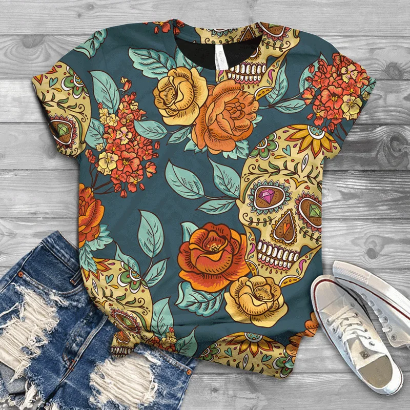 スカルシリーズ 3D プリント Tシャツ女性のヒップホップストリート O ネック半袖 Tシャツ Y2k 原宿 Tシャツトップス女性服