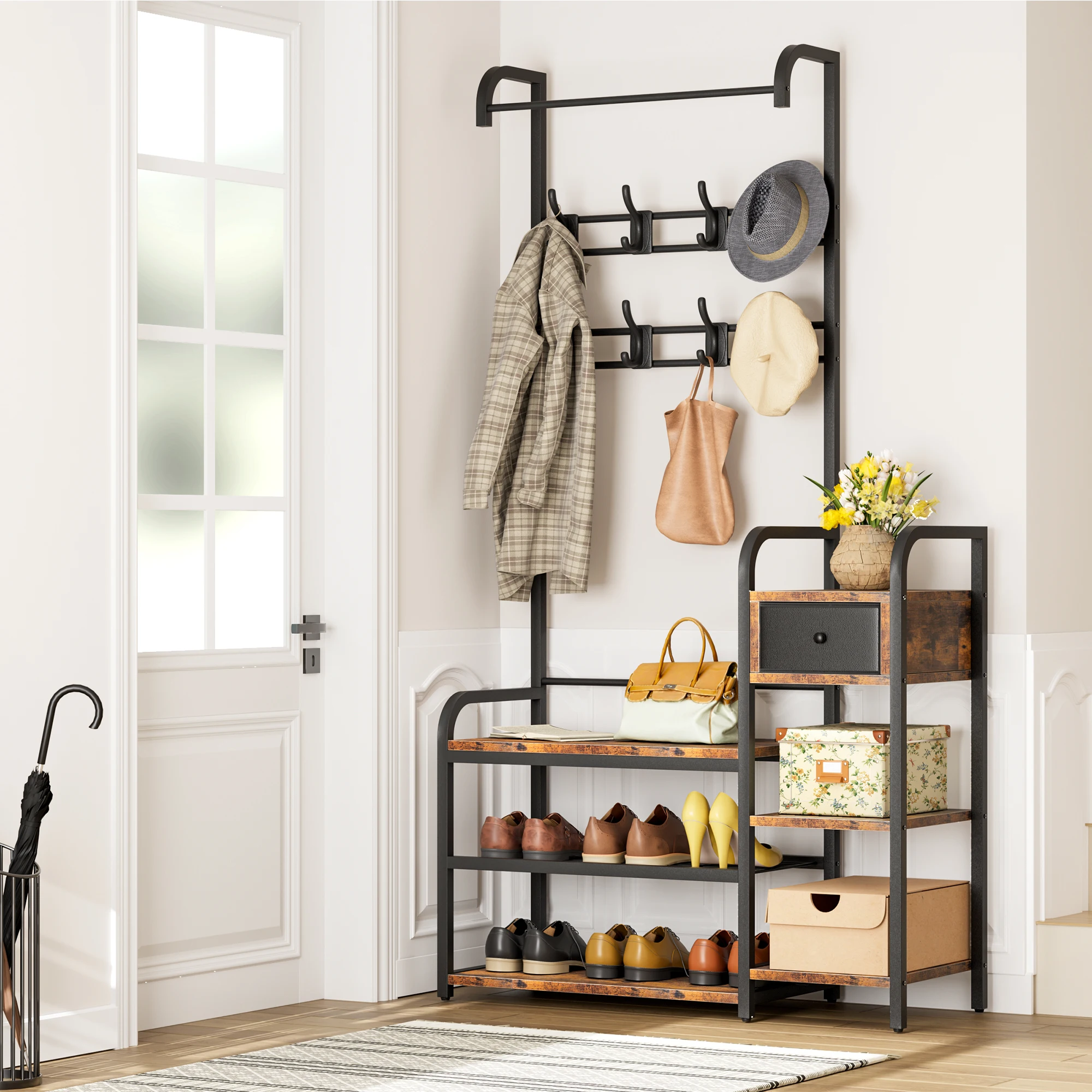 

Hall Tree Coat Rack With Shoe Bench Space Saving Design Sturdy Wooden Material Organizer For Entryway Hallway Modern Brown/Black