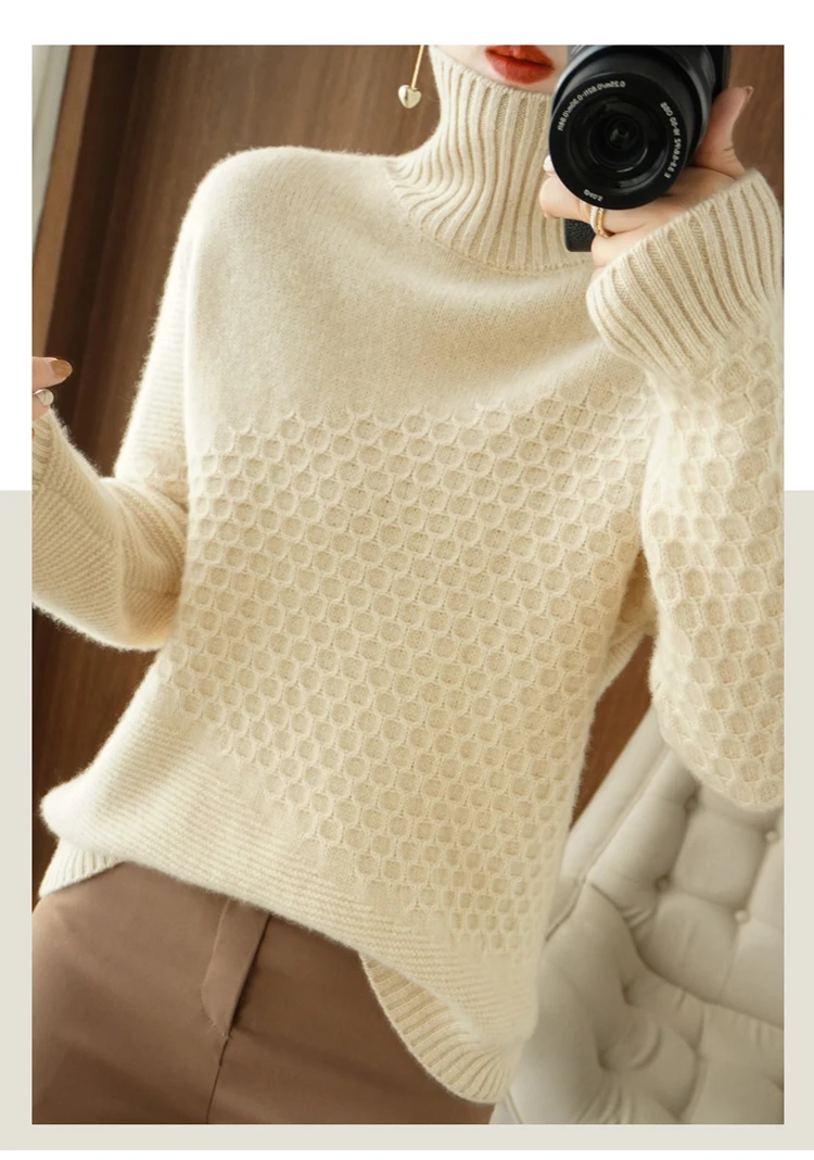 

High Quality 100% Merino Wool Women Sweater Autumn Winter Turtleneck Knitted Pullover Long Sleeve Cashmere Clothing Tops