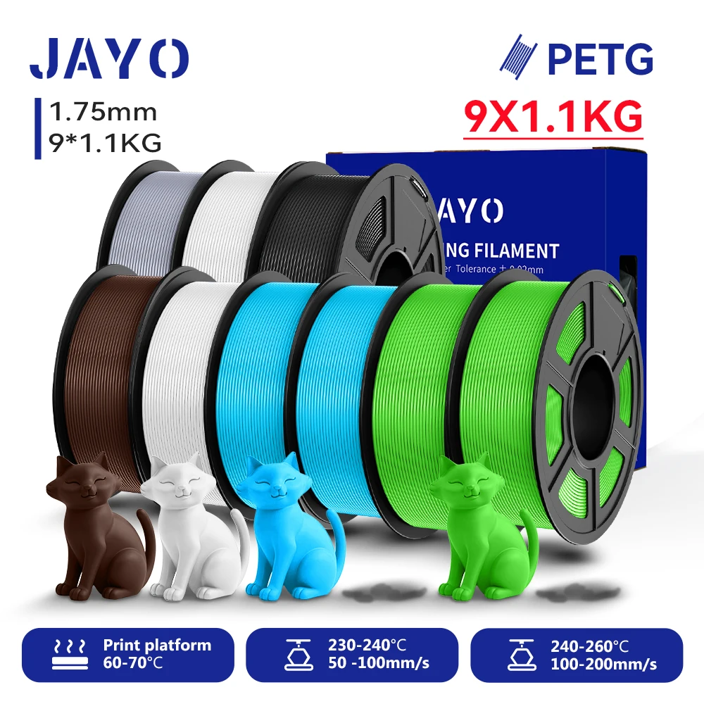 JAYO 9 Rollen 3D PETG/PETG Klares Druckerfilament 1,75 mm ±0,02 mm Hohe Zähigkeit & 100 % ordentlich gewickeltes Filament, passend für 99 % der 3D-FDM-Drucker