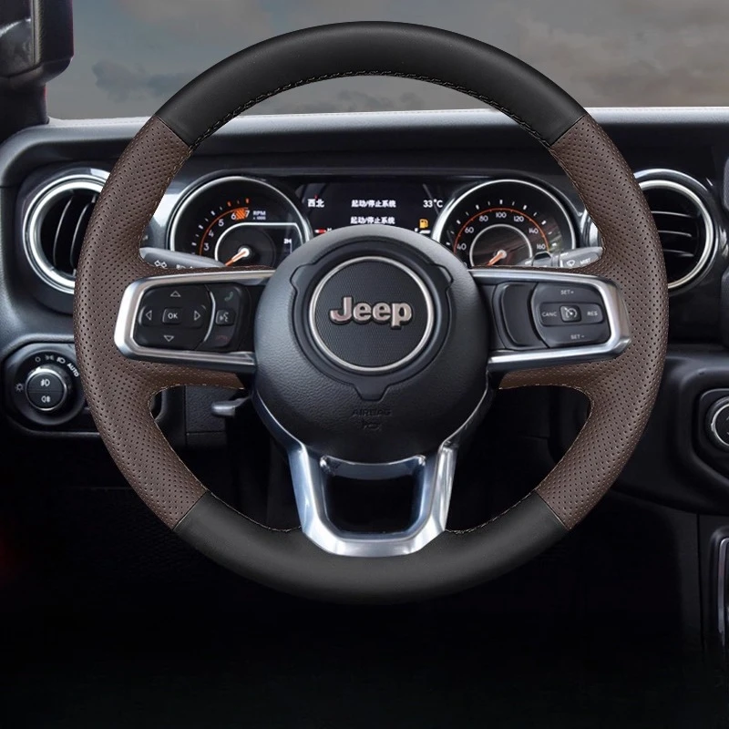 

Сшитый вручную черный, коричневый чехол на руль автомобиля из натуральной кожи для Jeep Wrangler JL 2018 2019, Gladiator JT 2020 2021