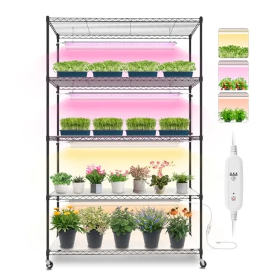 

5-ярусная высокая полка для растений с 3-футовой светодиодной лампой T5 144W и 3-режимной полноспектральной LED-подсветкой для комнатных растений, регулируемая по высоте