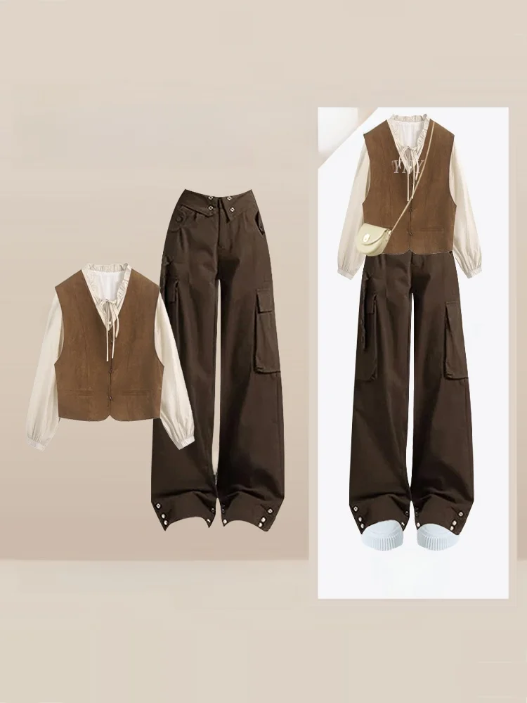 

Fall Fashionable Women's Light Maturity Style Shirt Vest Jeans Three-Piece Set V-Neck Long Sleeve High Waist Denim Long Pants