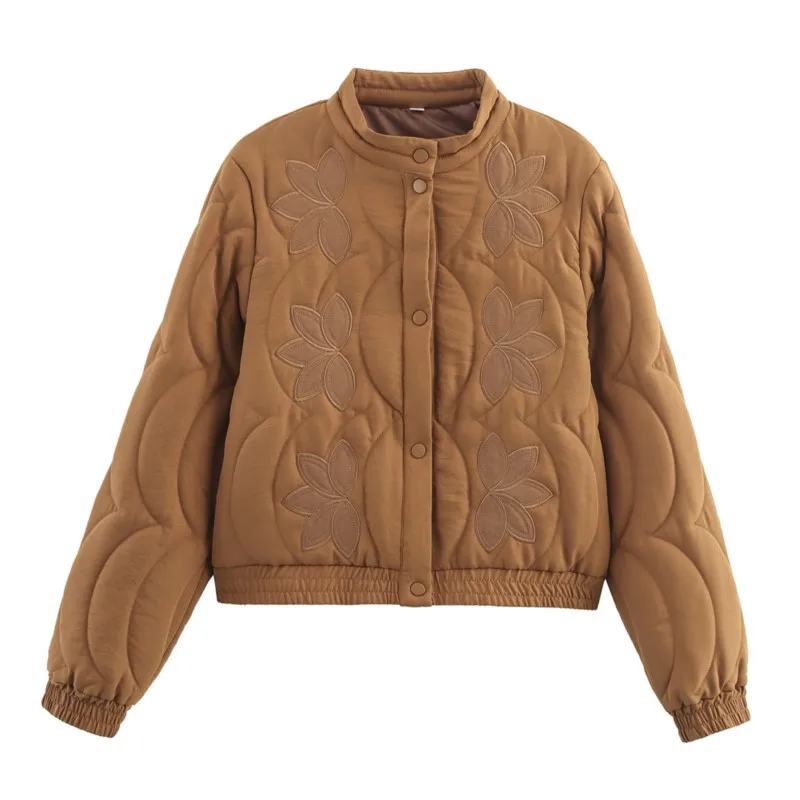 

2025 женская зимняя куртка в стиле ретро с небольшим воротником-стойкой, однобортная хлопковая стеганая куртка с длинными рукавами и вышивкой, повседневное теплое пальто