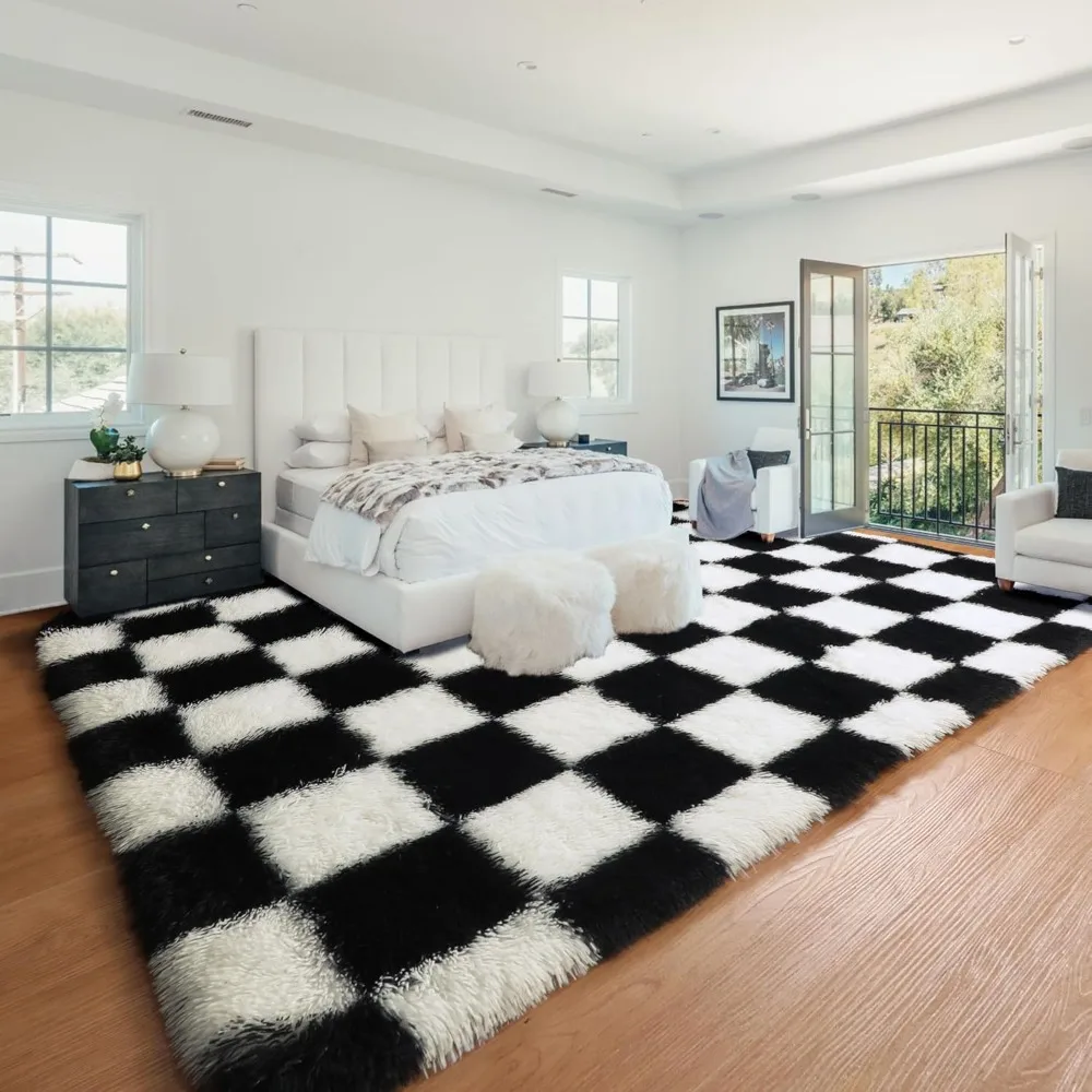 8x10 Area Rugs for Living Room, Fluffy Rug for Bedroom, Soft Plush Black and White Checkered Rug Big Fuzzy Shag Shaggy Carpets