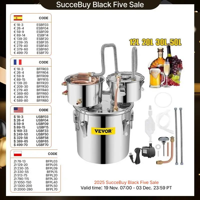 SucceBuy 12L 20L 30L 50L الكحول تخمير المقطر لتقوم بها بنفسك جهاز Moonshine الفولاذ المقاوم للصدأ لا يزال ويسكي براندي الأجهزة المنزلية
