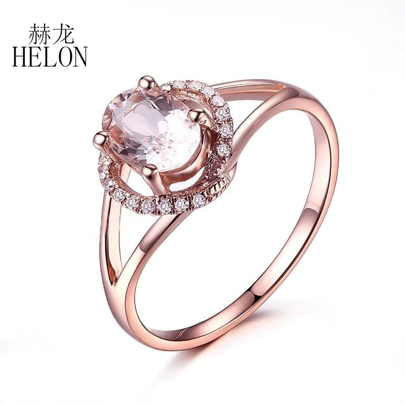 HELON Solid 14k Rose Gold Oval 7x5mm Natural Morganite Diamond Engagement Ring Women Wedding Anniversary Gemstone Jewelry