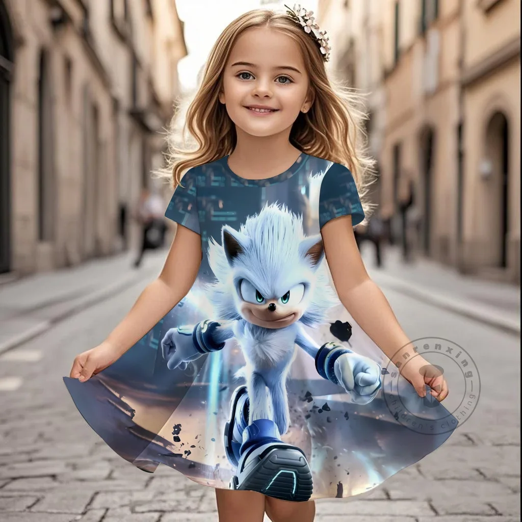 

Girl's Dress Summer 2025 Popular Games Sonic Short Sleeved Dress Princess 3D Print Cute Children's Clothing Party Tops