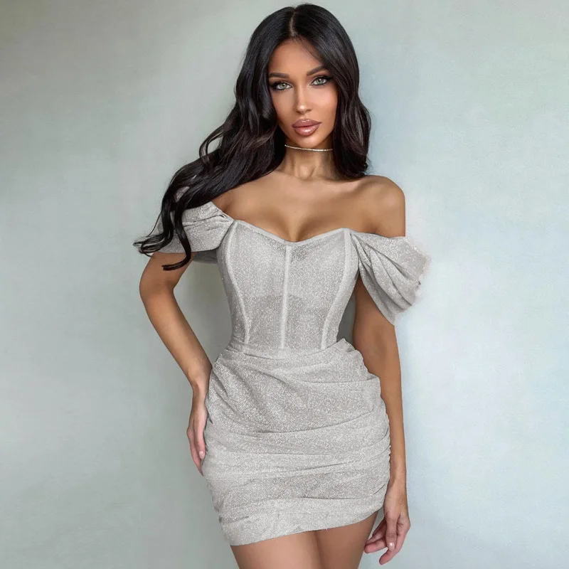 Women Summer Dress Off Shoulder Short Sleeve High Waist Wrapped Silver / Black Midi Shoulder pleated sleeve hip dress