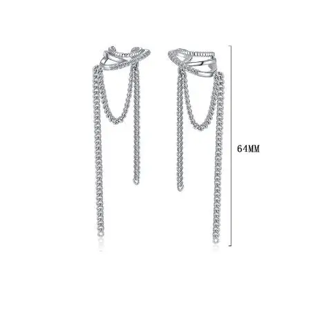925 Sterling Silver Multilayer Cross Tassel Chain Ear Cuff Clip on Earrings For Women Girl Without Piercing Earings Jewelry