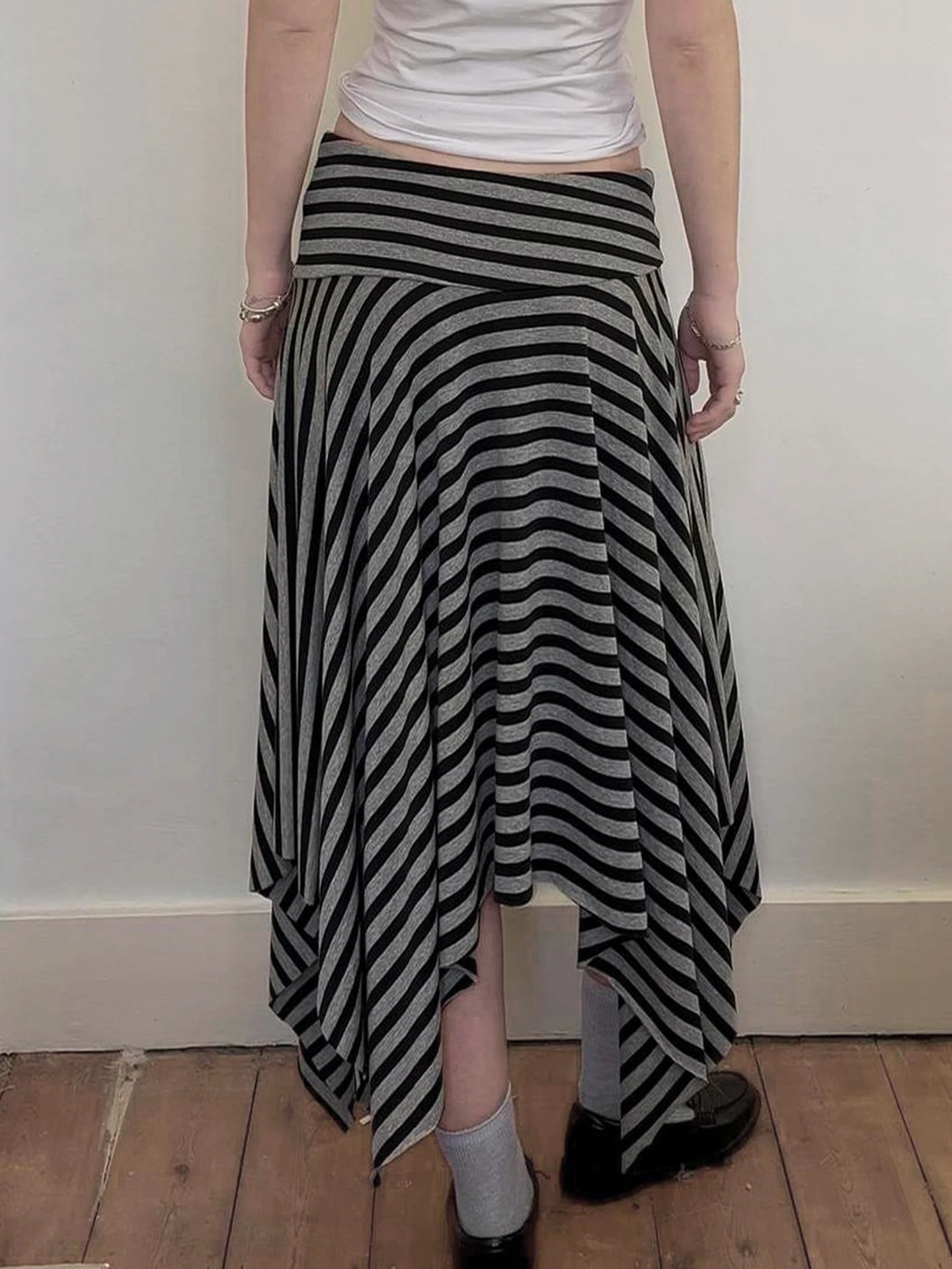 IAMSURE Casual Striped Asymmetrical Skirts Basic Slim Low-Waisted Maxi Skirts Women 2025 Summer Fashion Streetwear Ladies