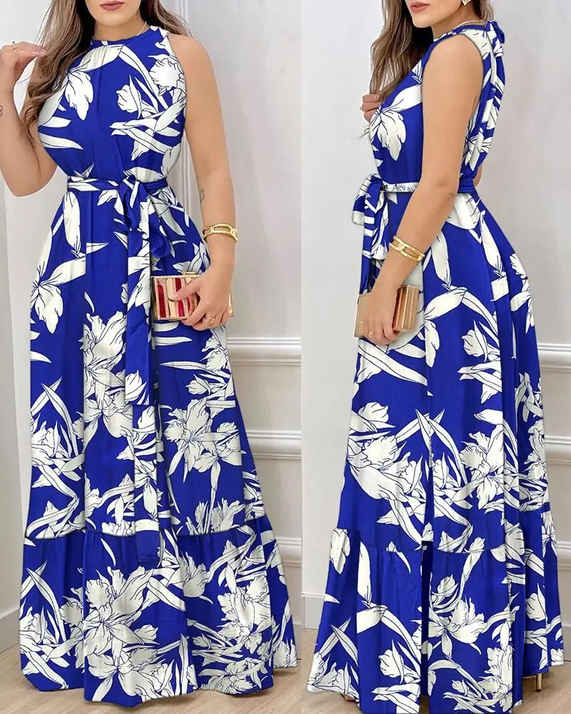 Eleganckie sukienki damskie Y2k Lace Up Print Strap Dress Holiday Beach Female Robe Vesido Mujer Maxi Dresses For Women Платья
