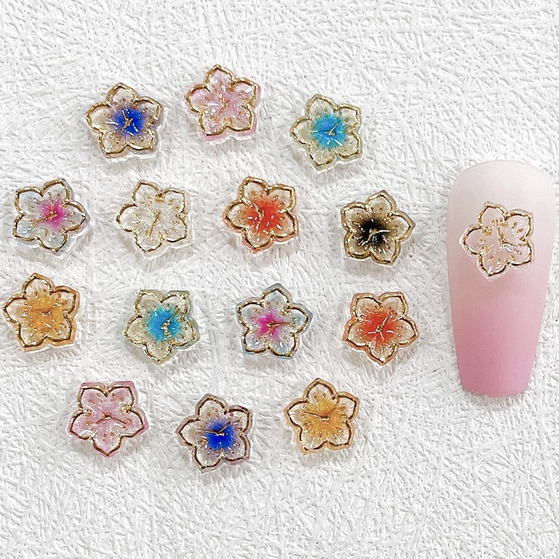 

30PCS 3D Retro Nail Art Decoration Charms Five-petaled Flowers With Gold Trimming Resin Manicure Nails Supplies Accessories