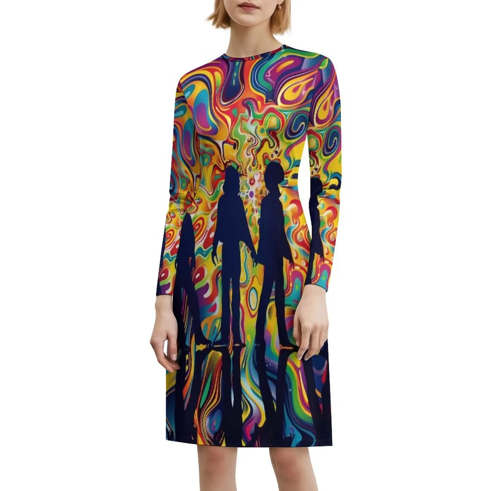 A silhueta com cores psicodélicas trippy vestido de festa elegante feminino vestido evasê com opções curtas/longas/sem mangas