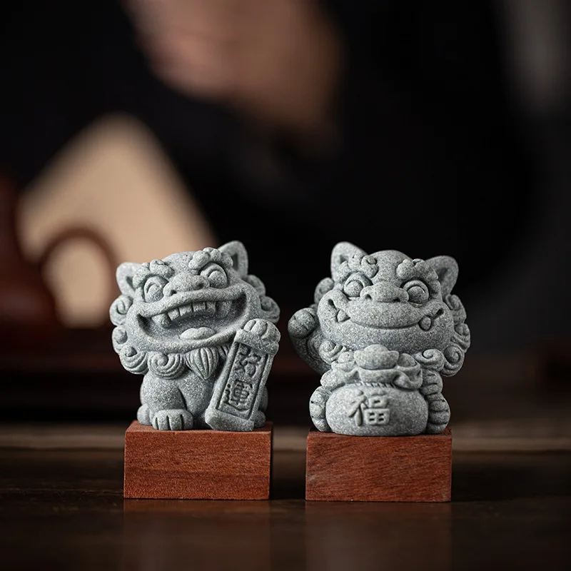 Creative China-Chic Stone Lion A Pair of Tea Pet Ornaments Wealth Lucky Bag Chinese Home Desktop Fish Tank Potted Ornaments