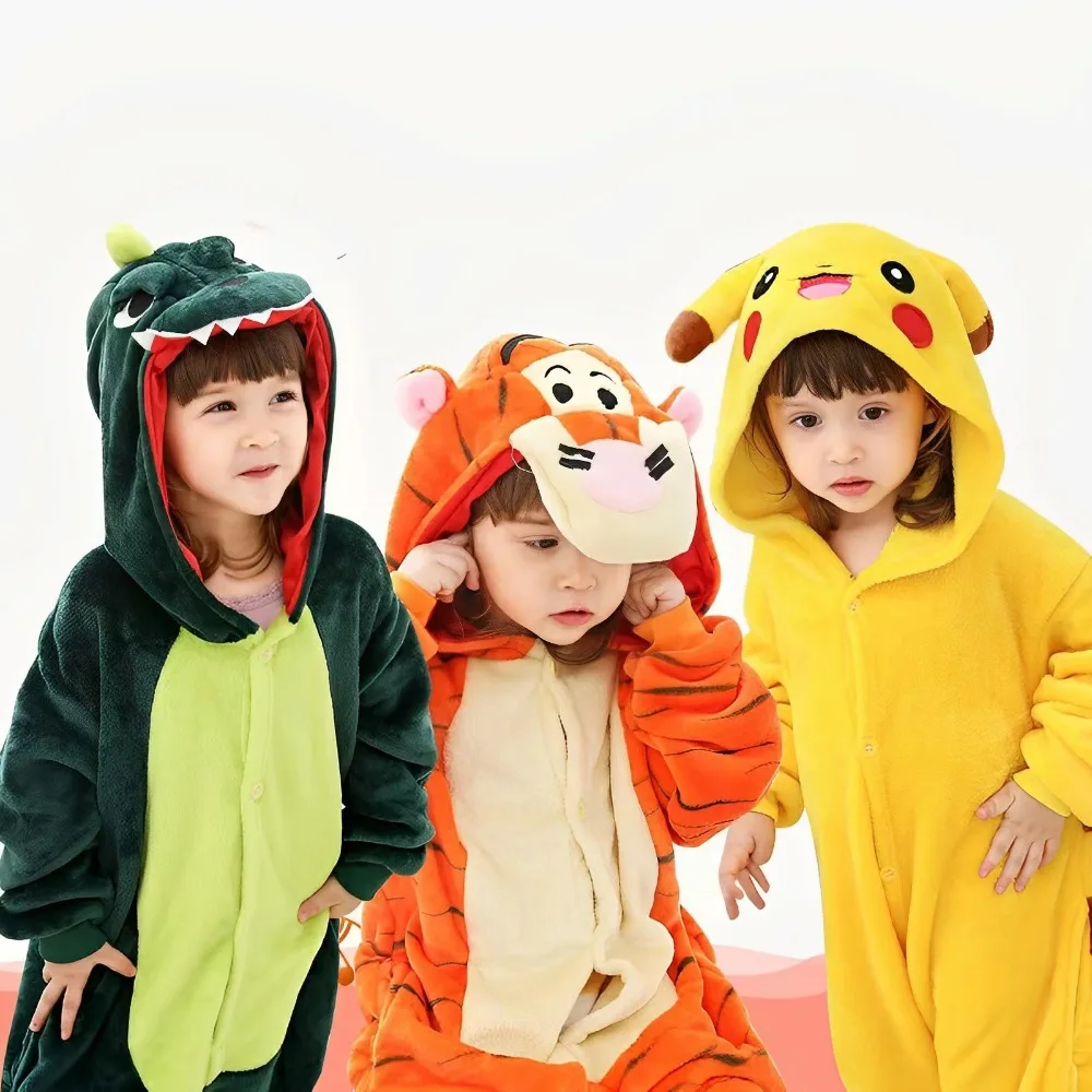 Thick Winter Outfit Children Cosplay Dinosaur Onesie Baby Animal Clothes Cute Coral Fleece Cartoon Boys Girls