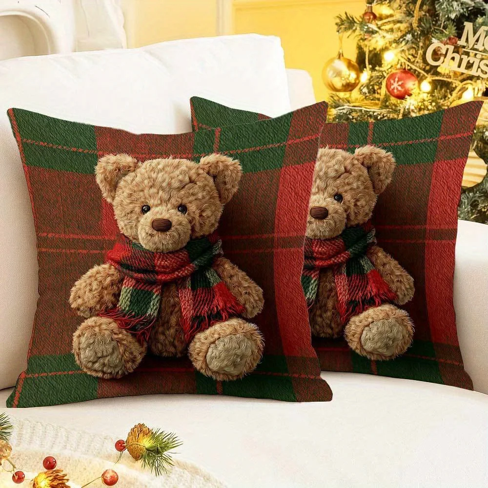 Christmas Red Green Plaid Scarf Teddy Bear 2D Flat Print Pillowcase, Comfortable Polyester Single‑Sided Print, Machine Washable,