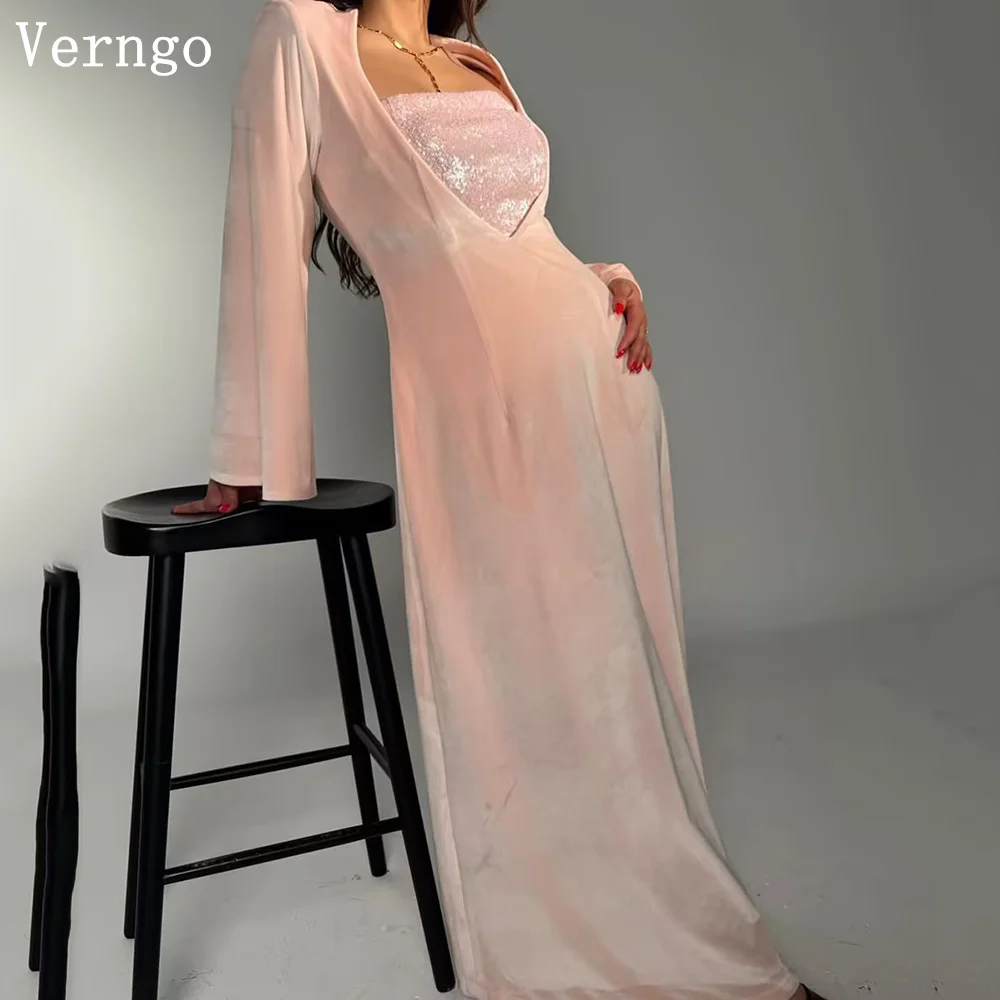 

Verngo Apricot Velvet Evening Dress Sequined Full Sleeves A Line Formal Occasion Dress Maxi Arabia Prom Gown Customized
