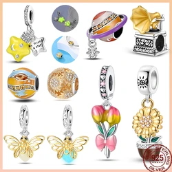 925 Sterling Silver Art Golden Zircon Saturn Flower Butterfly Charm Beads Suitable For 3MM 925 Original Bracelet Jewelry