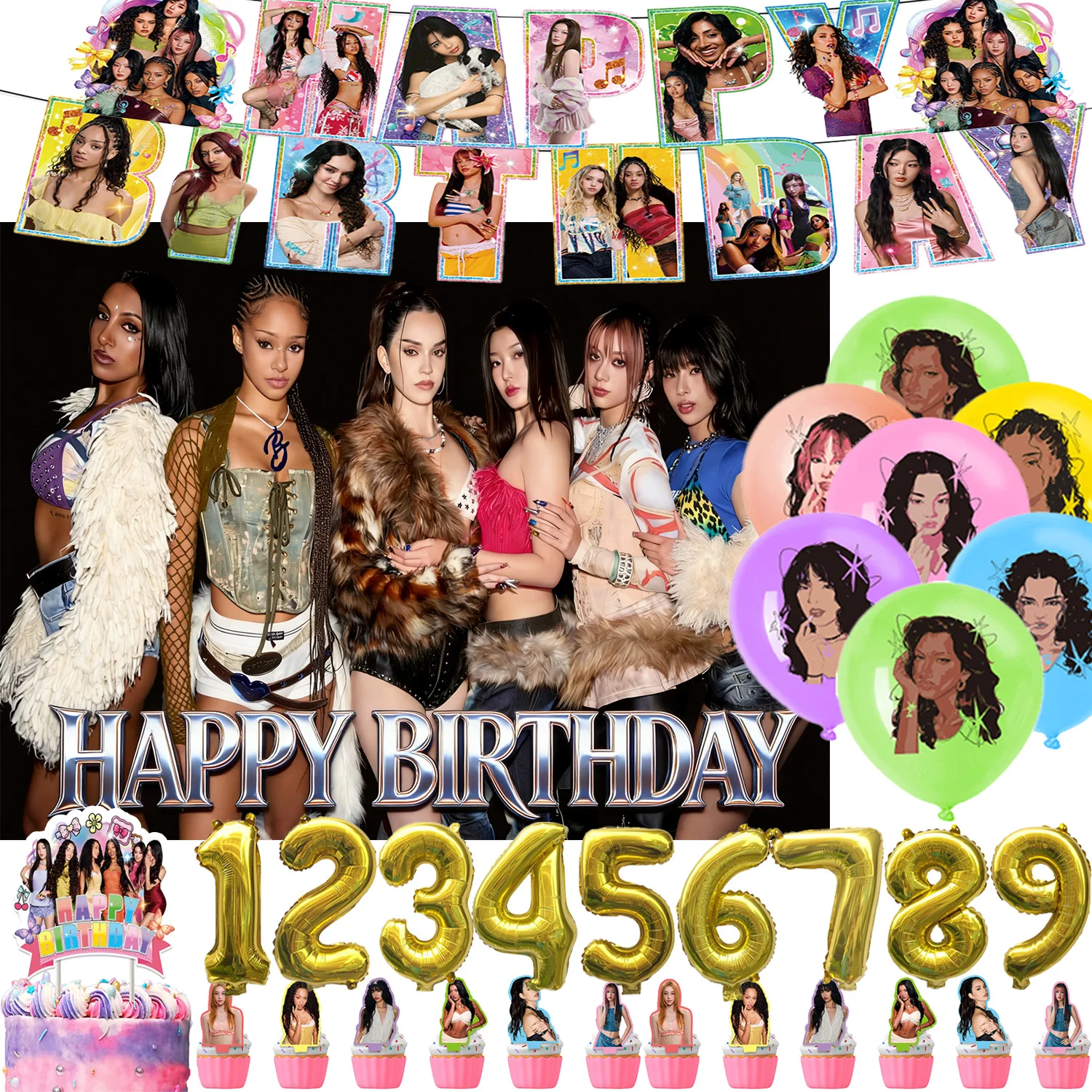 

K-KATSEYE Theme Fans Birthday Party Supplies Kpop Girl Balloon USA Star Idol Backdrop Cake Topper Baby Shower Party Decoration