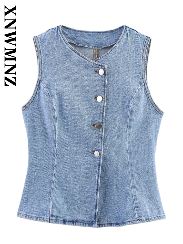 

XNWMNZ 2025 Spring New Woman's Chic Denim Waistcoat Vest Commuting Summer Woman Solid Color V-Collar Top Regular Fit Sleeveless