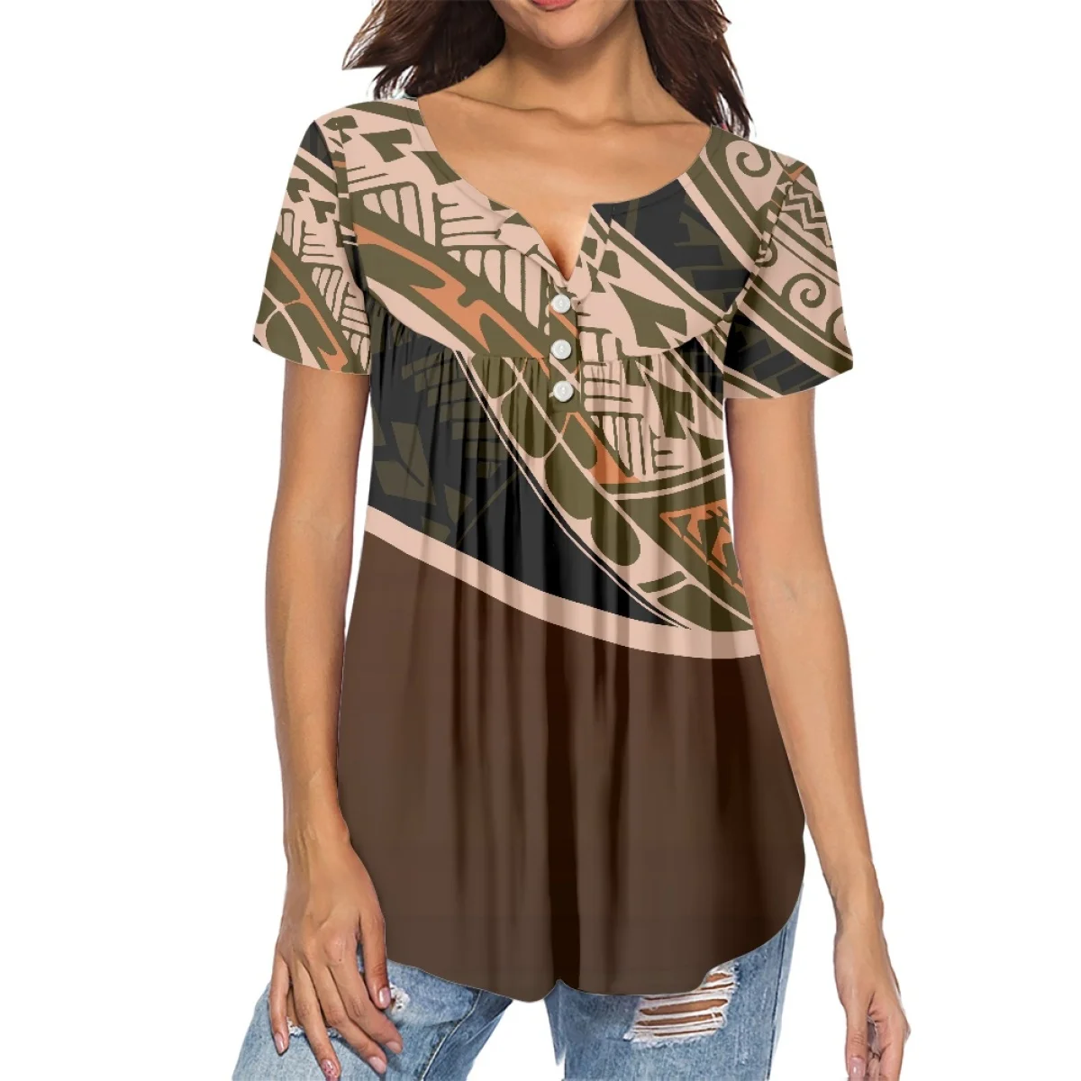 

Custom Chiffon Top Low Neck Pleated T-shirt Summer Women Samoan Ethnic Print Leisure Fashion Travel Home Wear 2022 New Fashion