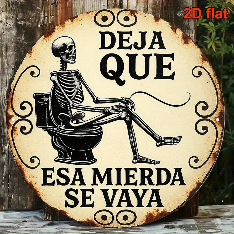 A Vintage Decorative Sign Measuring , Featuring a Round Spanish Aluminum Plaque with The Phrase 'Get That Crap Out of Here